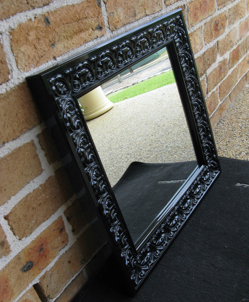 Gloss Black Ornate Timber Framed Wall Mirror