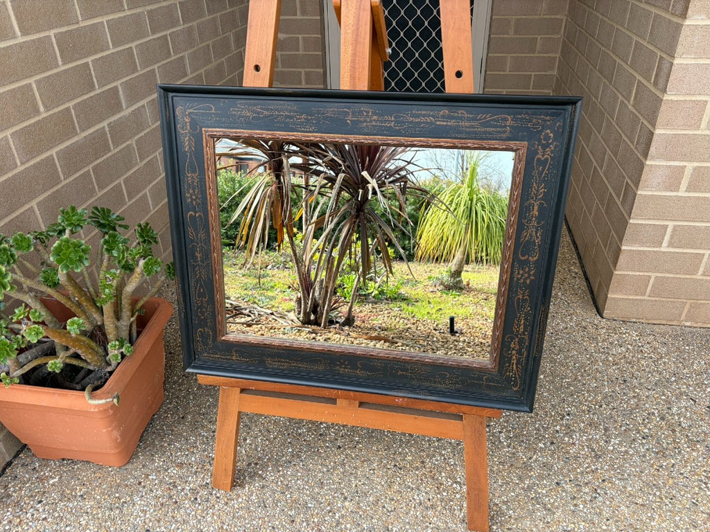 Antique Style Aged Black &amp; Gold Wide Timber Framed Wall Mirror