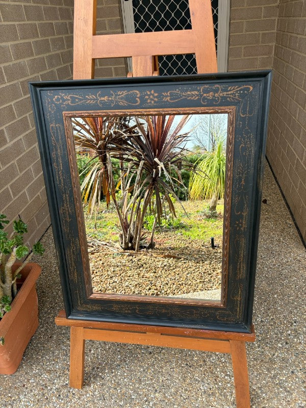 Antique Style Aged Black &amp; Gold Wide Timber Framed Wall Mirror