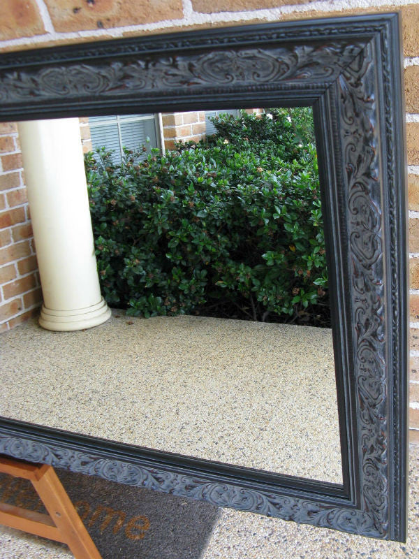 Aged Antique Look Black Wide Timber Framed Wall Mirror