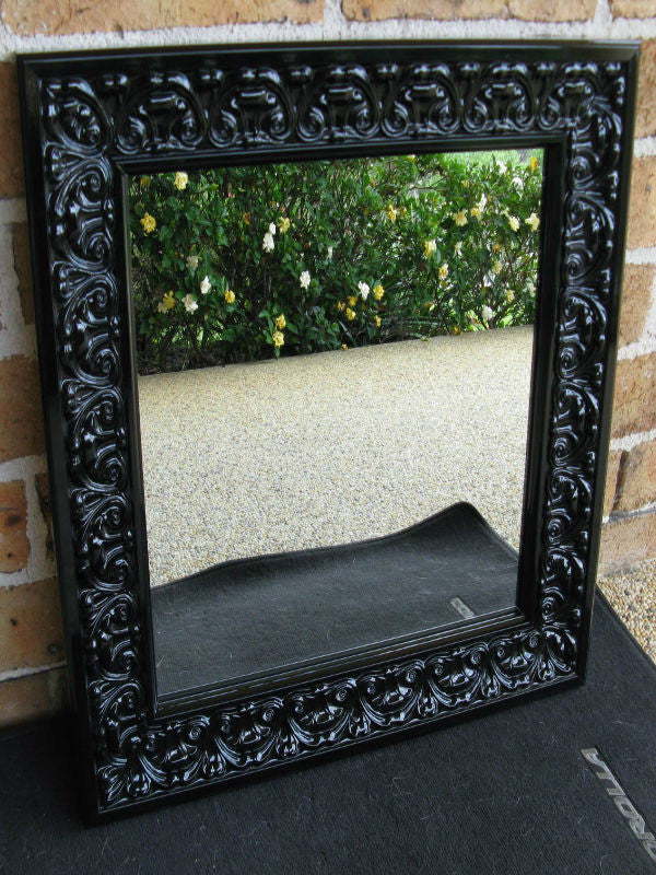 Gloss Black Ornate Timber Framed Wall Mirror