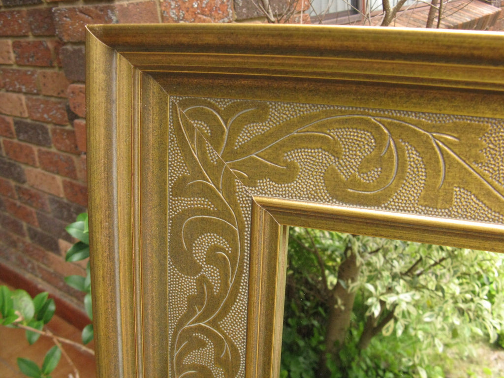 Aged Antique Look Gold Embossed Wood Framed Wall Mirror