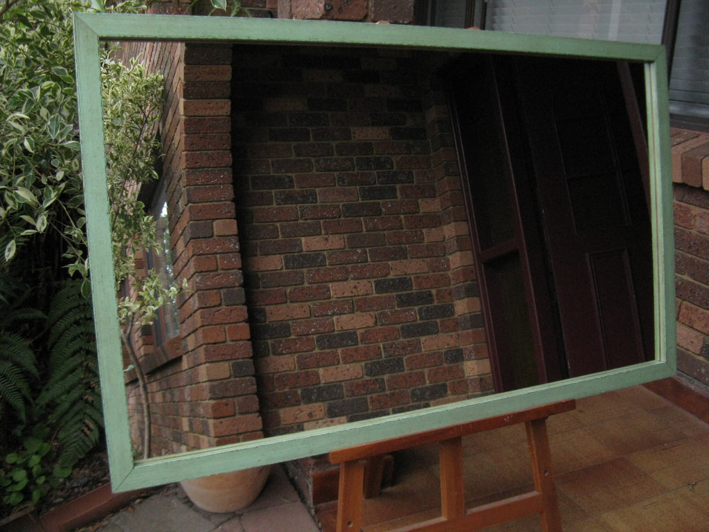 Asian Inspired Aged Green Chunky Timber Framed Wall Mirror